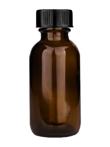 Boston round design 30ml, 1oz Amber glass bottle with short ridged black cap.