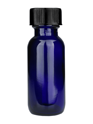 Boston round design 15ml, 1/2 oz  Cobalt blue glass bottle with short ridged black cap.