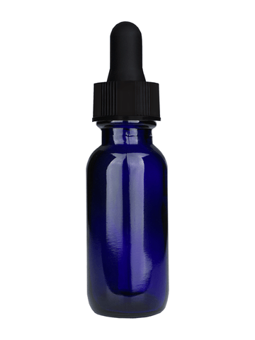 Boston round design 15ml, 1/2 oz  Cobalt blue glass bottle with a black dropper.