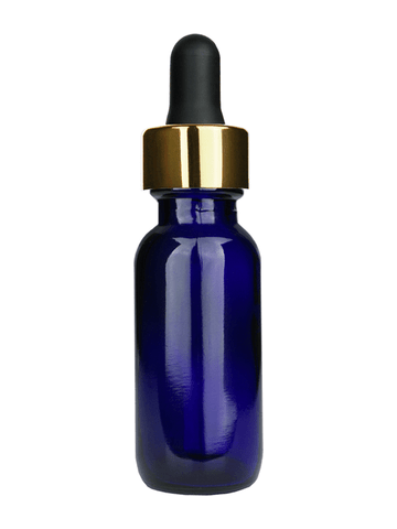 Boston round design 15ml, 1/2 oz  Cobalt blue glass bottle with black dropper shiny gold trim cap.
