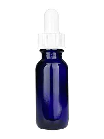 Boston round design 15ml, 1/2 oz  Cobalt blue glass bottle with a white dropper.