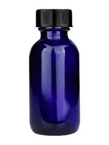 Boston round design 30ml, 1oz Cobalt blue glass bottle with short black cap.