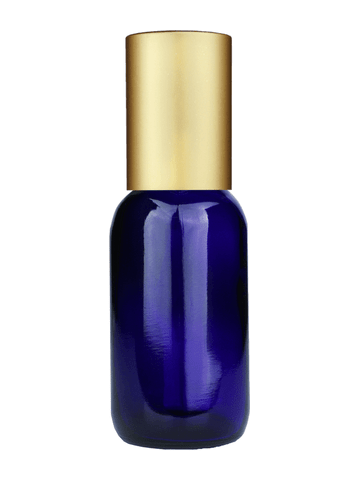 Boston round design 30ml, 1oz Cobalt blue glass bottle with plastic roller ball plug and matte gold cap.