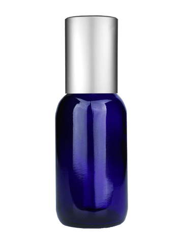 Boston round design 30ml, 1oz Cobalt blue glass bottle with plastic roller ball plug and matte silver cap.