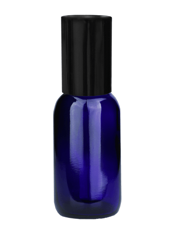 Cylinder design 30ml,1 oz Blue glass bottle with plastic roller ball plug and shiny black cap.