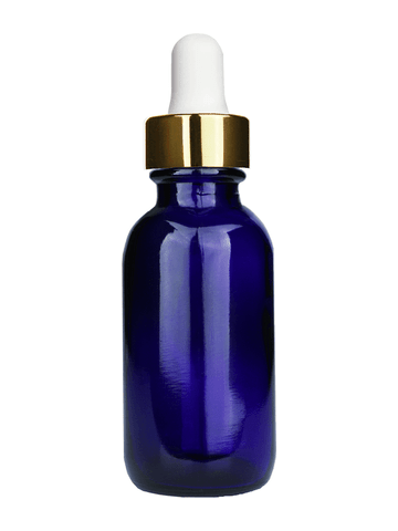 Boston round design 30ml, 1oz Cobalt blue glass bottle and white dropper with a shiny gold trim cap.