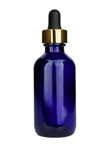 Boston round design 60ml, 2oz Cobalt blue glass bottle and black dropper with a shiny gold trim cap.