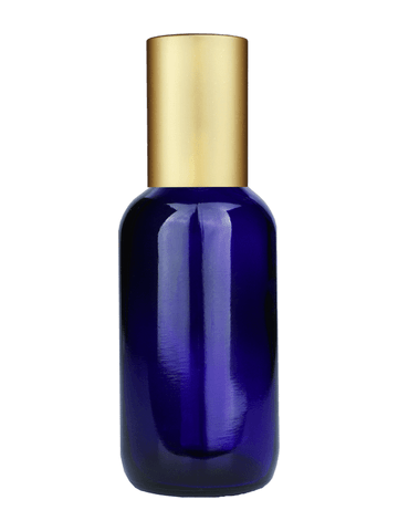 Boston round design 60ml, 2oz Cobalt blue glass bottle with plastic roller ball plug and matte gold cap.