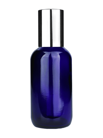 Boston round design 60ml, 2oz Cobalt blue glass bottle with plastic roller ball plug and shiny silver cap.