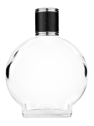 Circle design 100 ml, 3 1/2oz  clear glass bottle  with reducer and black faux leather cap.