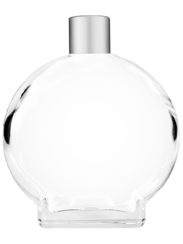 Circle design 100 ml, 3 1/2oz  clear glass bottle  with reducer and silver matte cap.