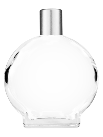 Circle design 100 ml, 3 1/2oz  clear glass bottle  with reducer and tall silver matte cap.