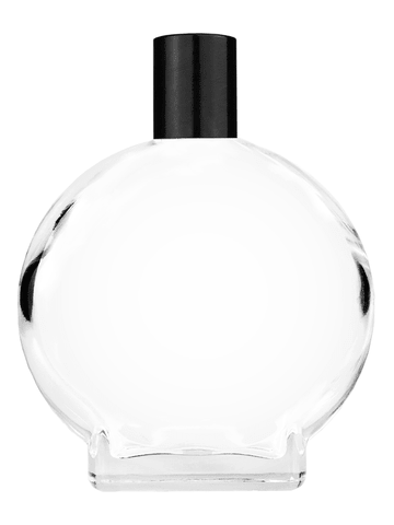 Circle design 100 ml, 3 1/2oz  clear glass bottle  with reducer and tall black shiny cap.