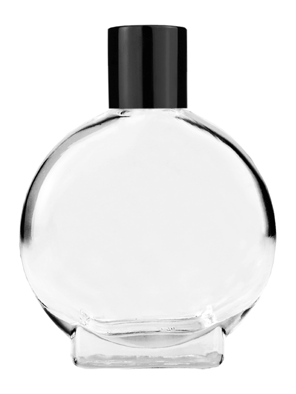 Empty Clear glass bottle with short shiny black cap capacity: 15ml, 1/2oz. For use with perfume or fragrance oil, essential oils, aromatic oils and aromatherapy.