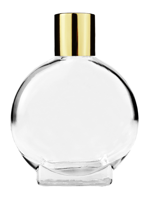 Empty Clear glass bottle with short shiny gold cap capacity: 15ml, 1/2oz. For use with perfume or fragrance oil, essential oils, aromatic oils and aromatherapy.