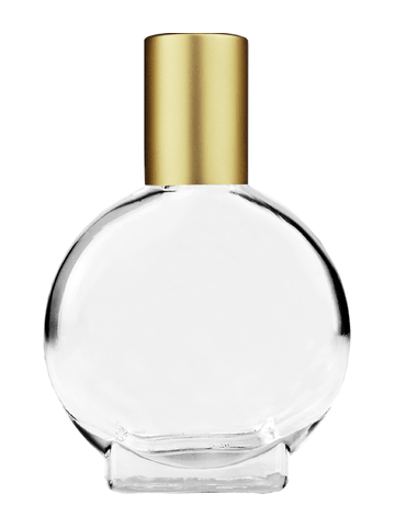 Circle design 15ml, 1/2oz Clear glass bottle with metal roller ball plug and matte gold cap.