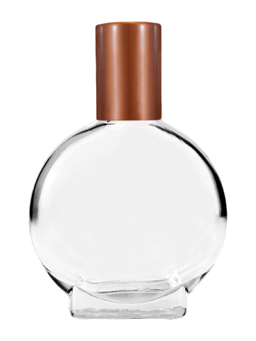 Circle design 15ml, 1/2oz Clear glass bottle with plastic roller ball plug and matte copper cap.