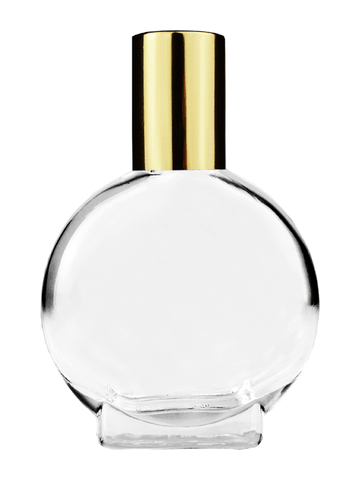 Circle design 15ml, 1/2oz Clear glass bottle with plastic roller ball plug and shiny gold cap.