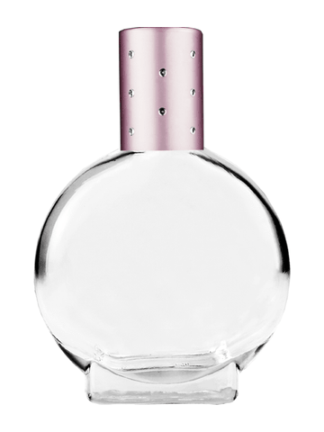 Circle design 15ml, 1/2oz Clear glass bottle with plastic roller ball plug and pink cap with dots.