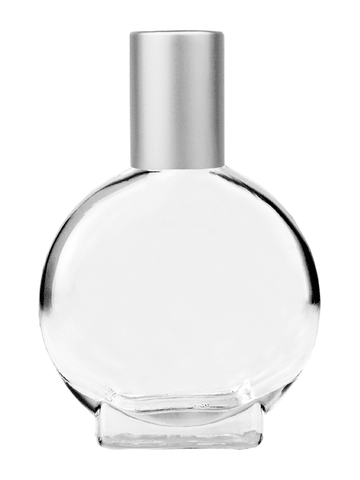 Circle design 15ml, 1/2oz Clear glass bottle with plastic roller ball plug and matte silver cap.