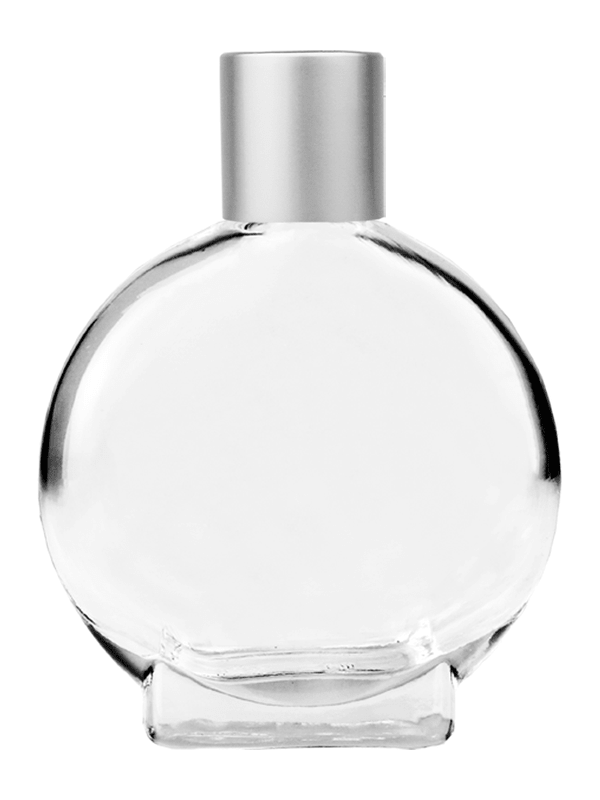 Empty Clear glass bottle with short matte silver cap capacity: 15ml, 1/2oz. For use with perfume or fragrance oil, essential oils, aromatic oils and aromatherapy.