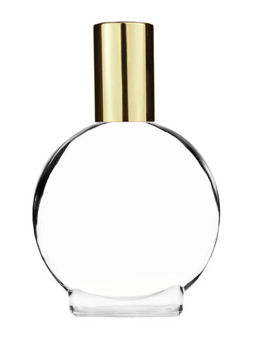 Circle design 30 ml, clear glass bottle with shiny gold and cap.