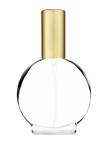 Circle design 30 ml, clear glass bottle with sprayer and matte gold cap.