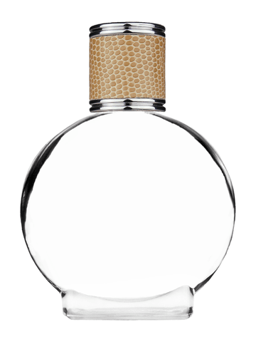 Circle design 50 ml, 1.7oz  clear glass bottle  with reducer and light brown faux leather cap.