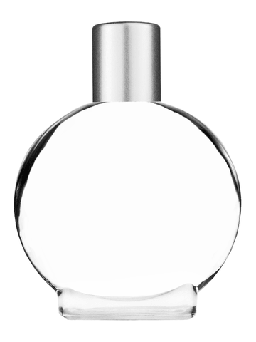 Circle design 50 ml, 1.7oz  clear glass bottle  with reducer and tall silver matte cap.