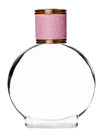 Circle design 50 ml, 1.7oz  clear glass bottle  with reducer and pink faux leather cap.
