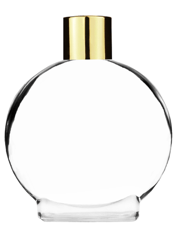 Circle design 50 ml, 1.7oz  clear glass bottle  with reducer and shiny gold cap.