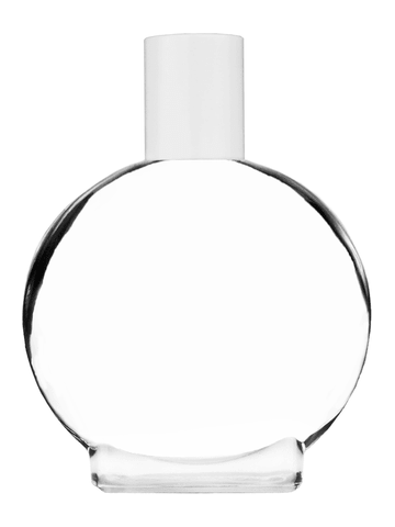 Circle design 50 ml, 1.7oz  clear glass bottle  with reducer and white cap.