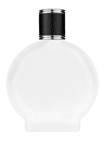 Circle design 100 ml, 3 1/2oz frosted glass bottle with reducer and black faux leather cap.