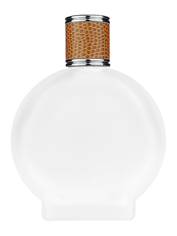 Circle design 100 ml, 3 1/2oz frosted glass bottle with reducer and brown faux leather cap.