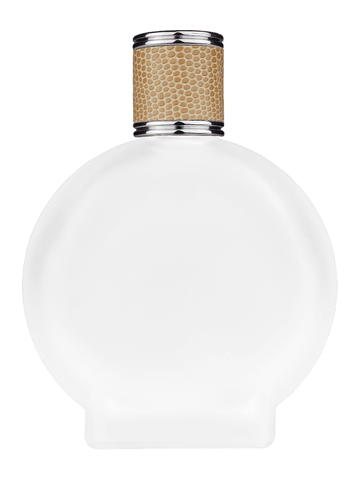 Circle design 100 ml, 3 1/2oz frosted glass bottle with reducer and light brown faux leather cap.