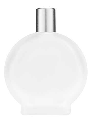 Circle design 100 ml, 3 1/2oz frosted glass bottle with reducer and tall silver matte cap.
