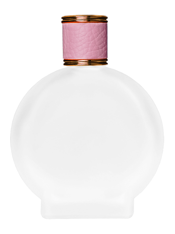 Circle design 100 ml, 3 1/2oz frosted glass bottle with reducer and pink faux leather cap.