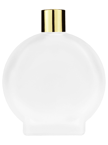 Circle design 100 ml, 3 1/2oz frosted glass bottle with reducer and shiny gold cap.