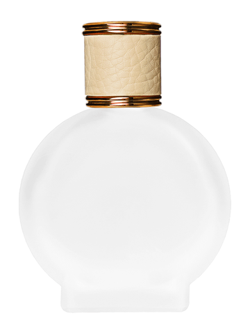 Circle design 50 ml, 1.7oz  frosted glass bottle with  reducer and ivory faux leather cap.