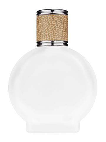Circle design 50 ml, 1.7oz  frosted glass bottle with  reducer and light brown faux leather cap.