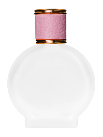 Circle design 50 ml, 1.7oz  frosted glass bottle with  reducer and pink faux leather cap.