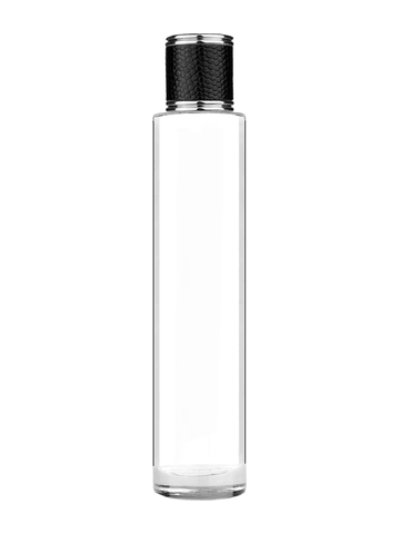 Cylinder design 100 ml, 3 1/2oz  clear glass bottle  with reducer and black faux leather cap.