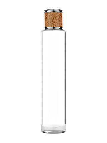 Cylinder design 100 ml, 3 1/2oz  clear glass bottle  with reducer and brown faux leather cap.