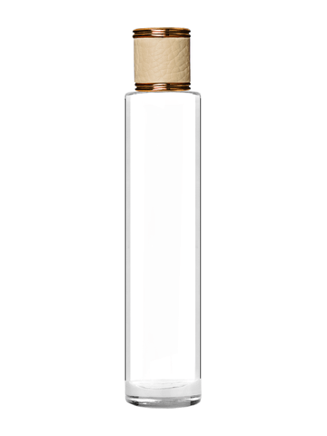 Cylinder design 100 ml, 3 1/2oz  clear glass bottle  with reducer and ivory faux leather cap.