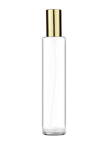 Cylinder design 100 ml, 3 1/2oz  clear glass bottle  with shiny gold spray pump.