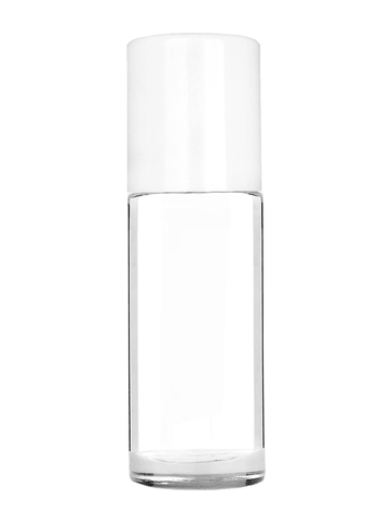 Cylinder style 28 ml bottle with plastic roller ball plug and white cap.