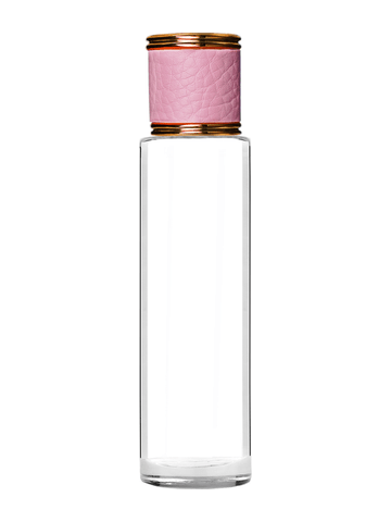 Cylinder design 50 ml, 1.7oz  clear glass bottle  with reducer and pink faux leather cap.