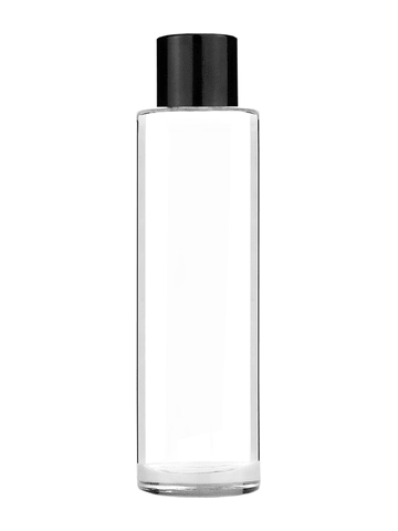 Cylinder design 50 ml, 1.7oz  clear glass bottle  with reducer and black shiny cap.