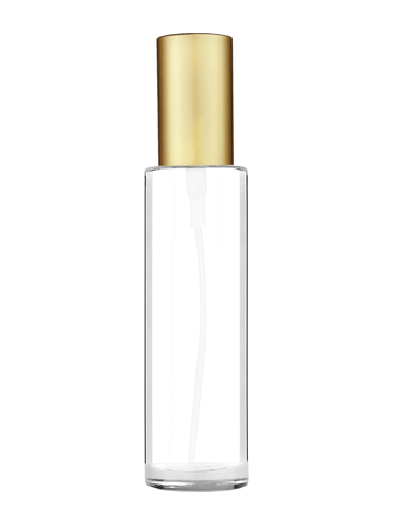 Cylinder design 50 ml, 1.7oz  clear glass bottle  with matte gold spray pump.