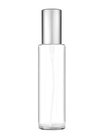Cylinder design 50 ml, 1.7oz  clear glass bottle  with matte silver spray pump.